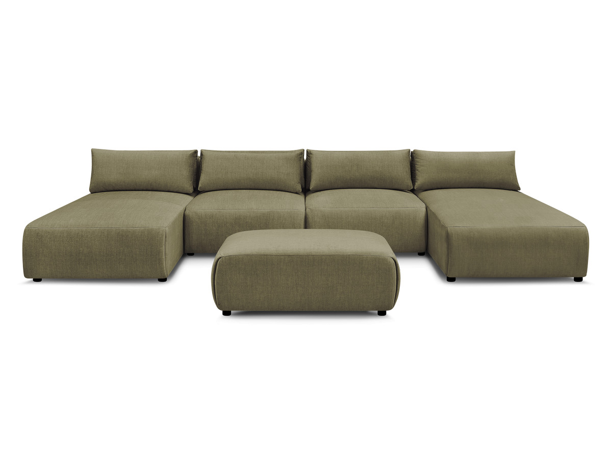 Modulaire vaste panoramabank met hoofdsteunen in JANA fluwelen stof met 2 chaise longues, 2 fauteuils en 1 kleine poef