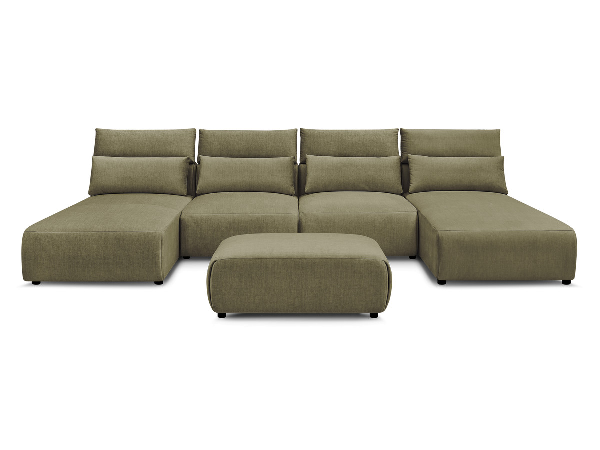 Modulaire vaste panoramabank met hoofdsteunen in JANA fluwelen stof met 2 chaise longues, 2 fauteuils en 1 kleine poef