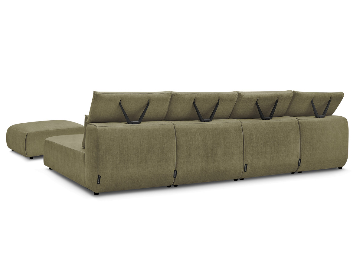 Modulaire vaste panoramabank met hoofdsteunen in JANA fluwelen stof met 2 chaise longues, 2 fauteuils en 1 kleine poef