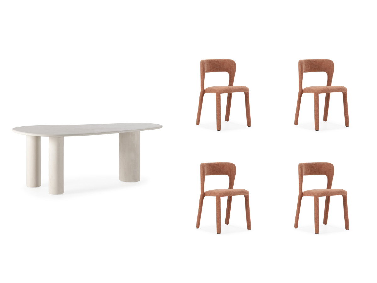 Ensemble CONSTANCE avec table à manger ovale 200 cm beige effet béton + 4 chaises PIA