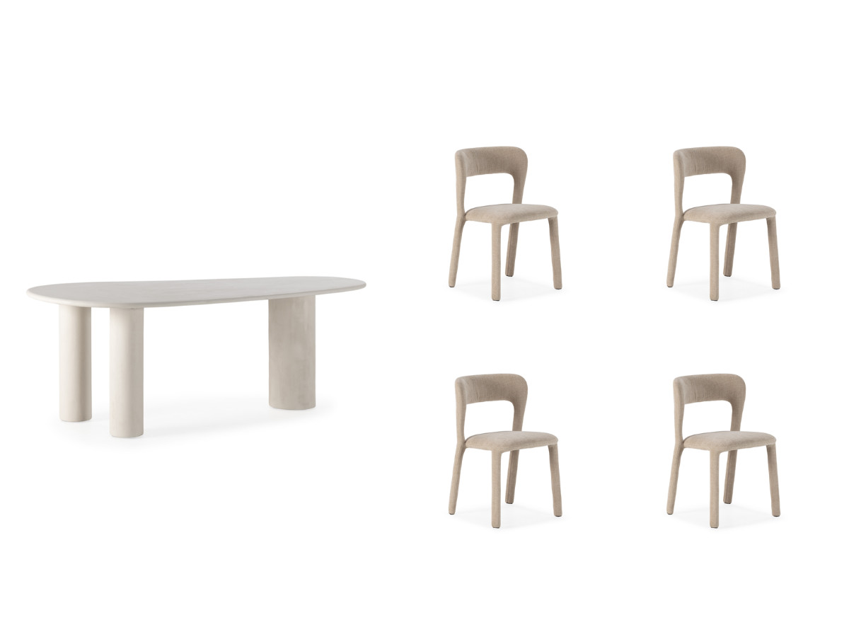 Ensemble CONSTANCE avec table à manger ovale 200 cm beige effet béton + 4 chaises PIA