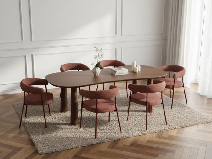 Ensemble SASHA avec table à manger ovale 220 cm + chaises ROSA tissu texturé marron