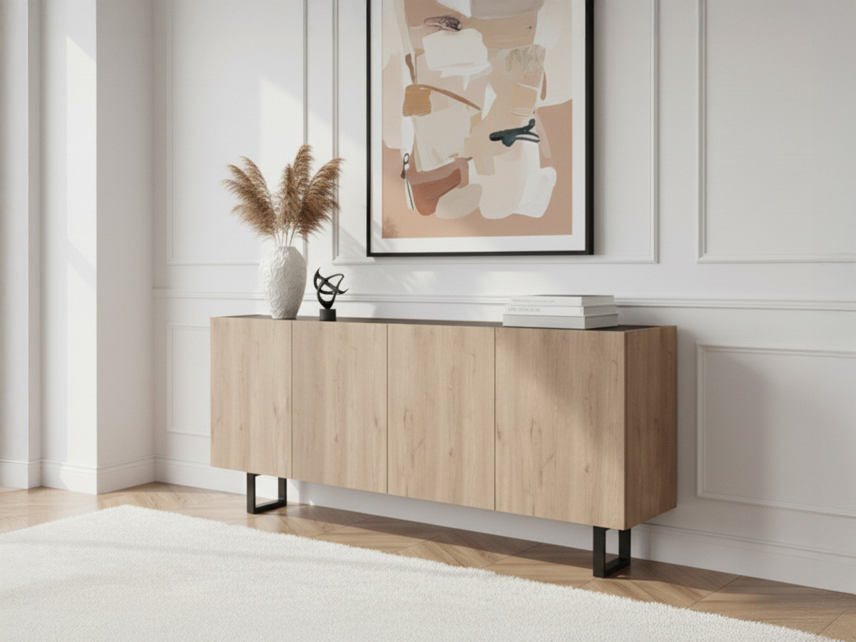 Buffet 4 portes 180 cm OPERA effet chêne et imitation marbre noir