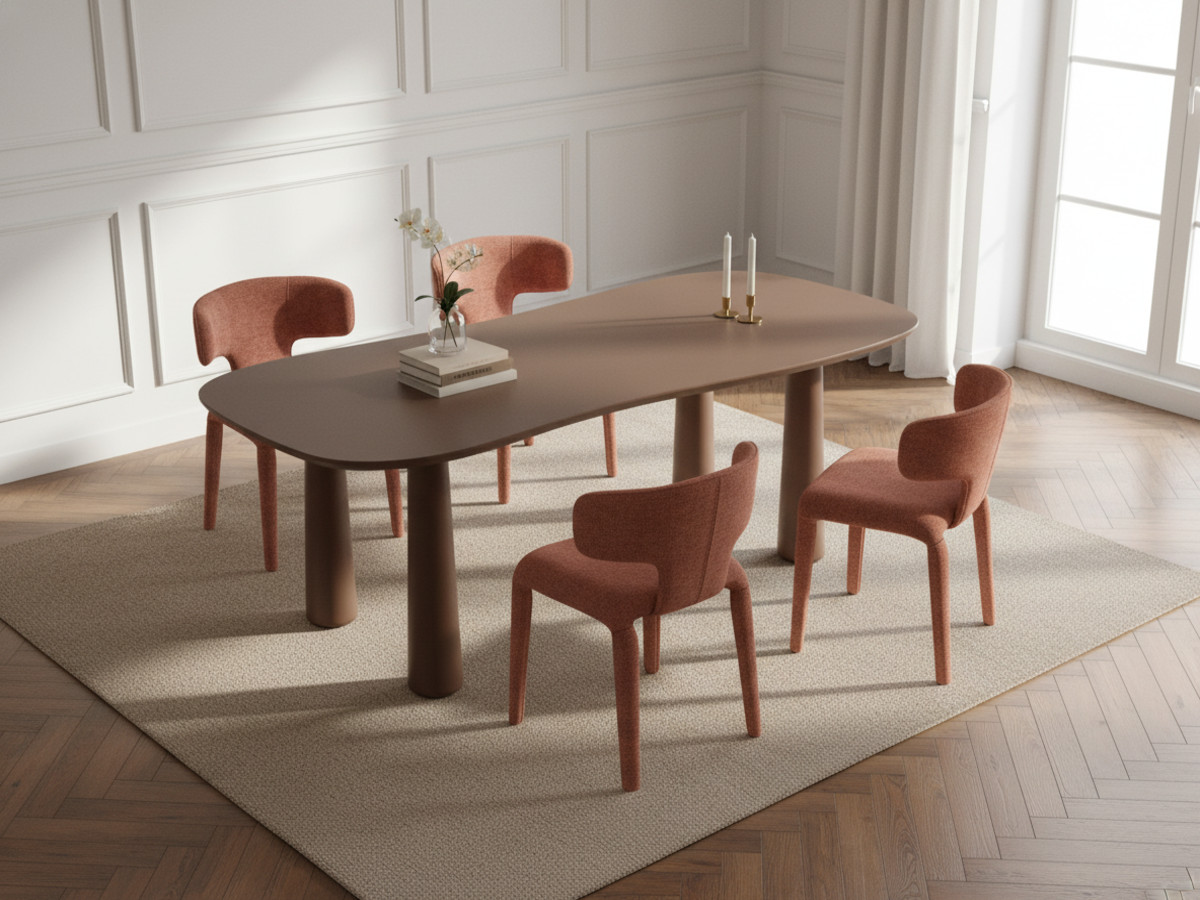 Eetkamerset SASHA met ovale bruine eettafel van 220 cm + stoelen van MILA-stof met textuur