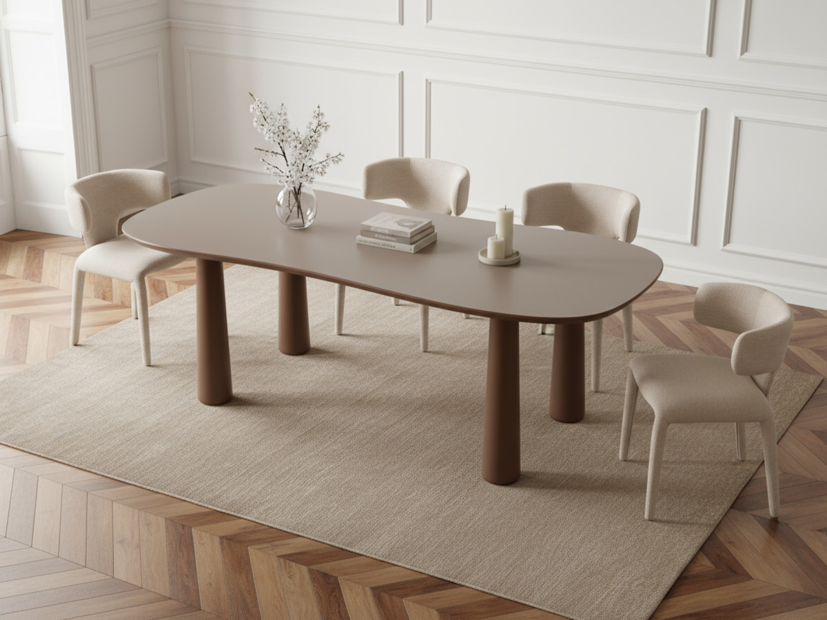 Eetkamerset SASHA met ovale bruine eettafel van 220 cm + stoelen van MILA-stof met textuur