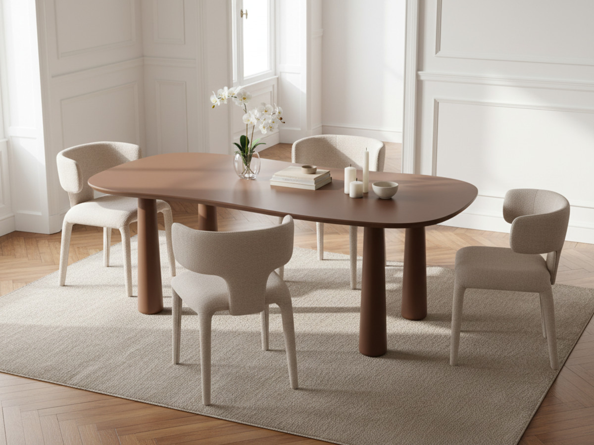 Eetkamerset SASHA met ovale bruine eettafel van 220 cm + stoelen van MILA-stof met textuur