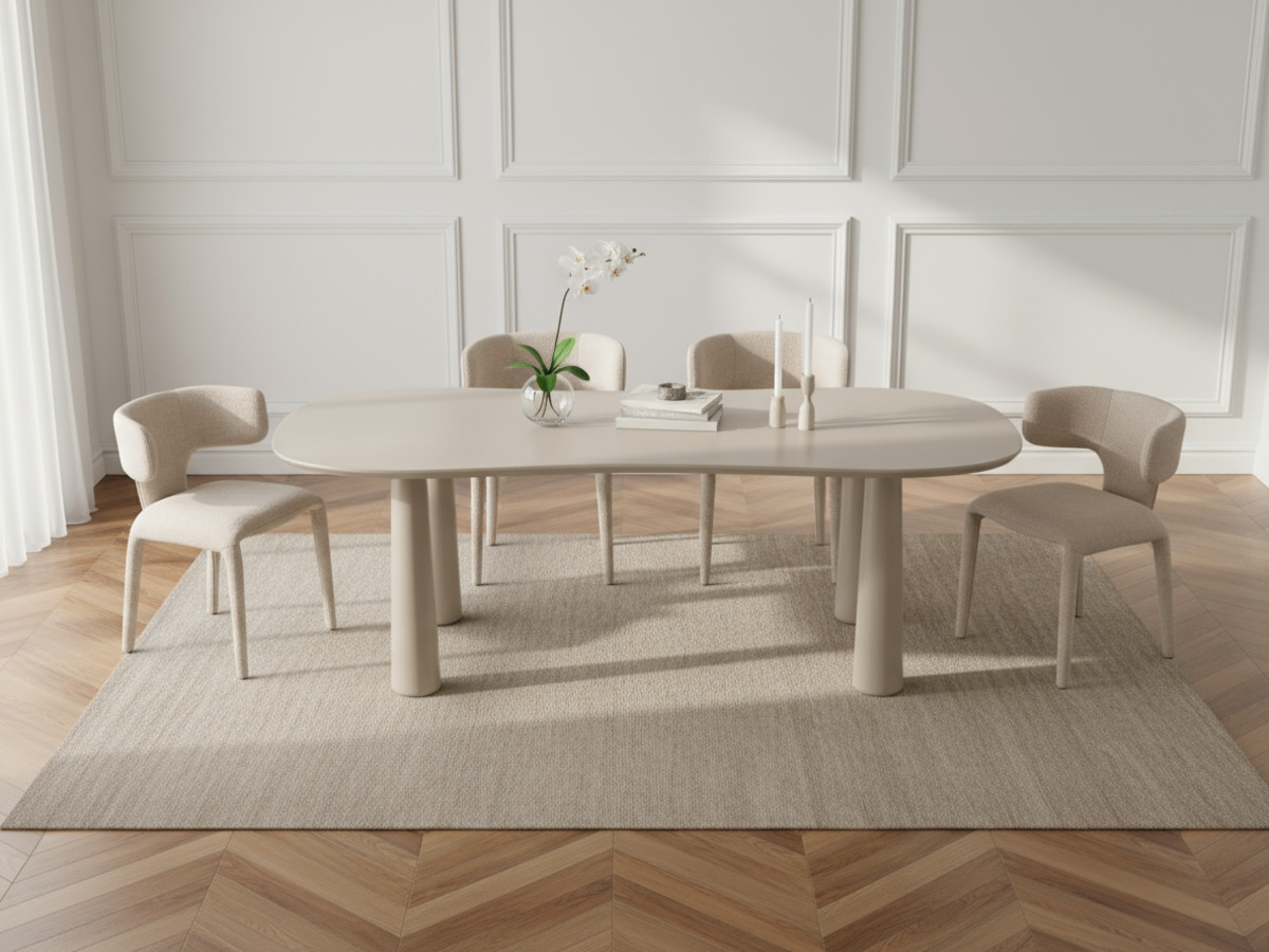 Eetkamerset SASHA met ovale beige eettafel 220 cm + stoelen MILA in structuurstof