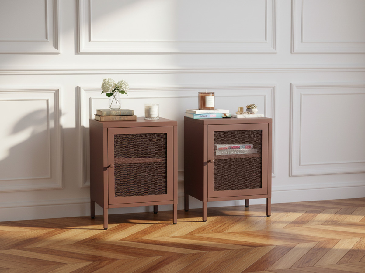 lot de 2 chevets 1 porte clara métal édition limitée de couleur bordeaux