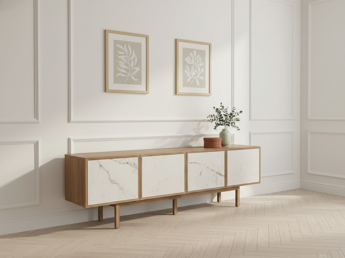 BARI 4-deurs tv-meubel 180 cm massief eiken fineer en keramiek