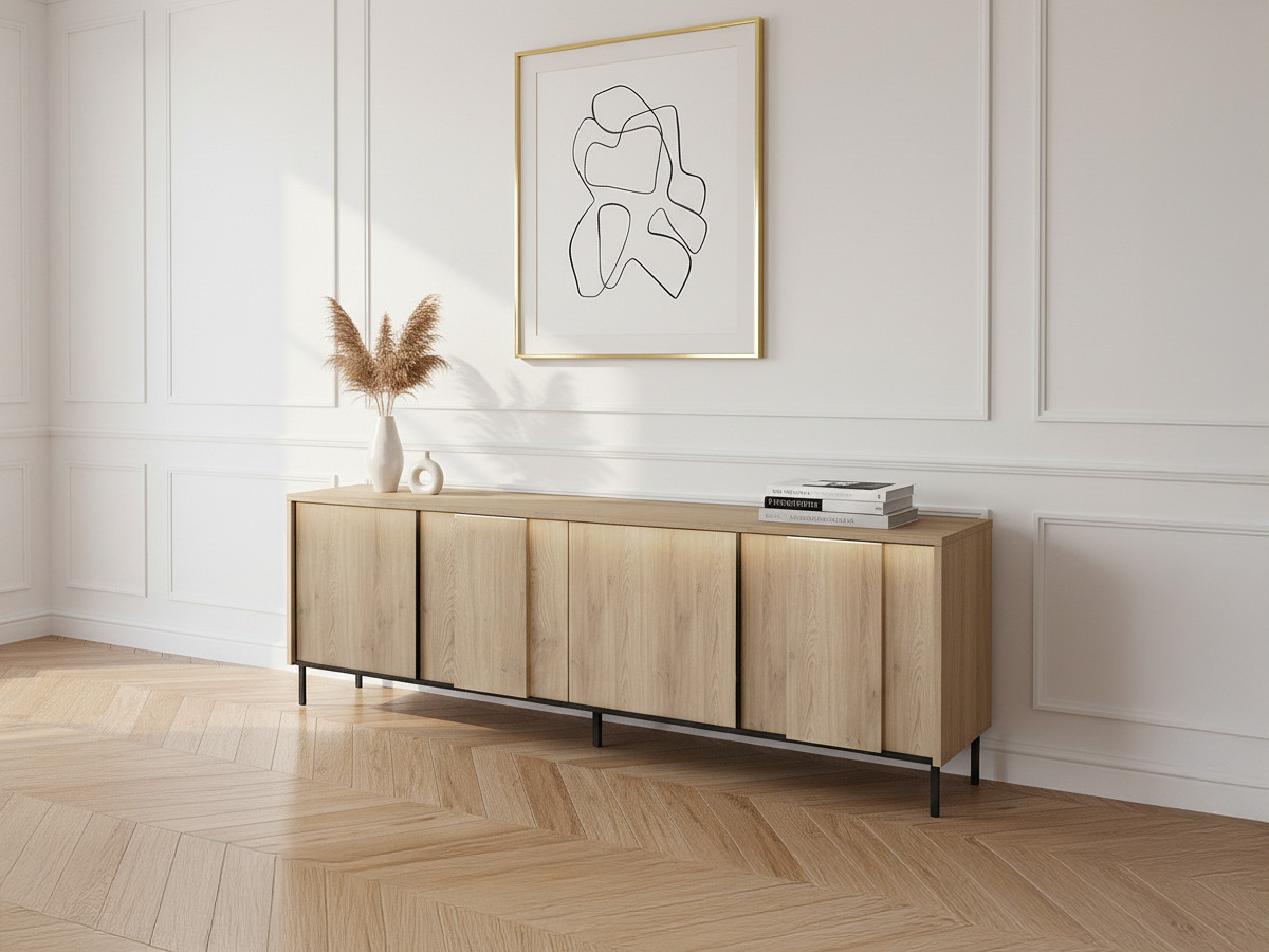 Meuble TV 4 portes 167 cm TILIA imitation chêne avec LED