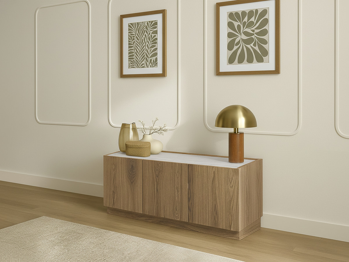 Meuble TV 3 portes 120 cm MARION effet chêne et travertin