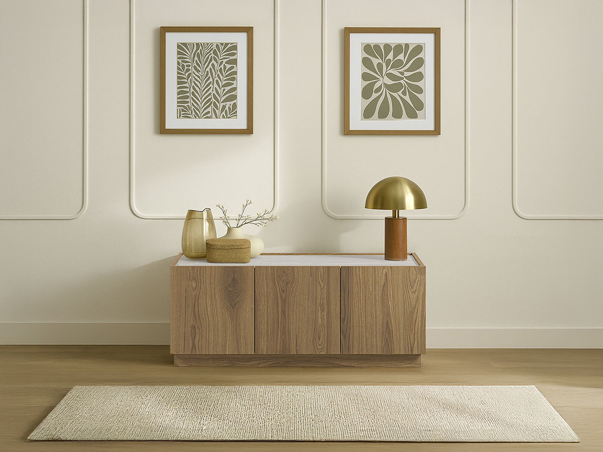 Meuble TV 3 portes 120 cm MARION effet chêne et travertin Meuble TV 3 portes 120 cm MARION effet chêne et travertin