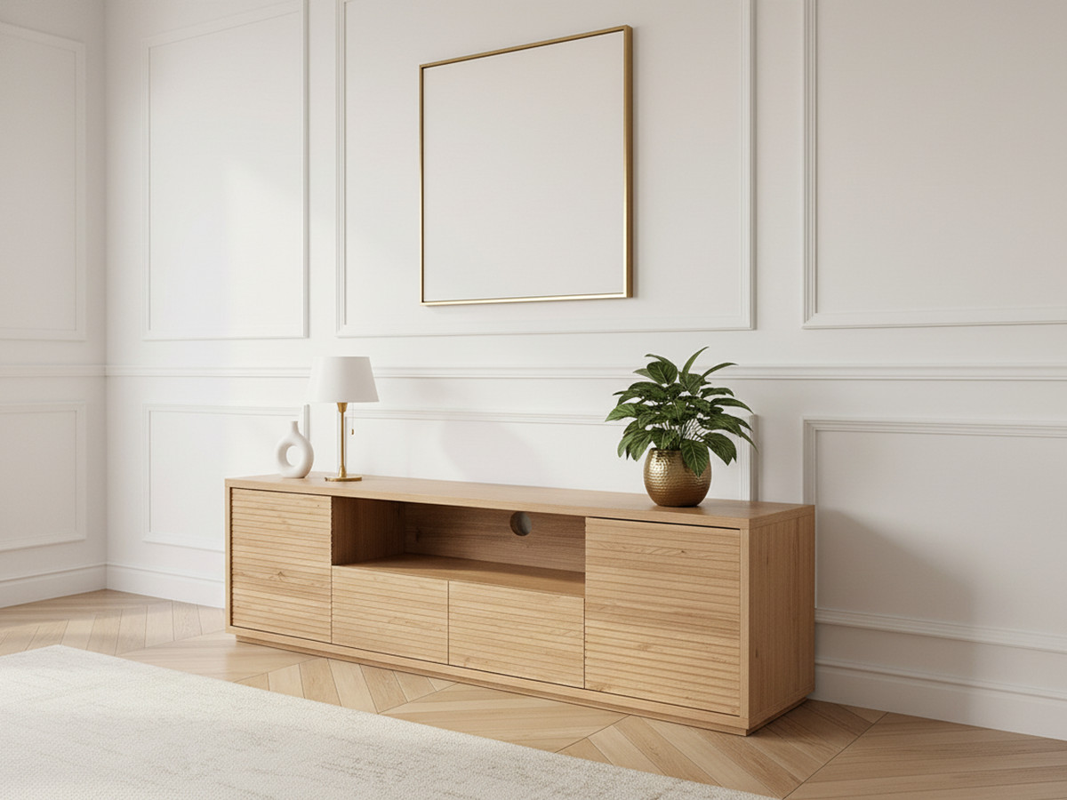 Meuble TV 2 portes 180 cm FERRET effet tasseaux de bois