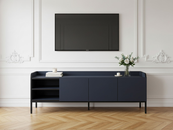 Meuble TV 2 portes 2 niches 160 cm AURIANE pieds métal noir
