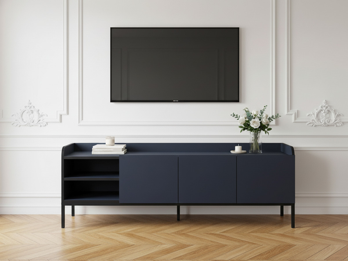 Meuble TV 2 portes 2 niches 160 cm AURIANE pieds métal noir