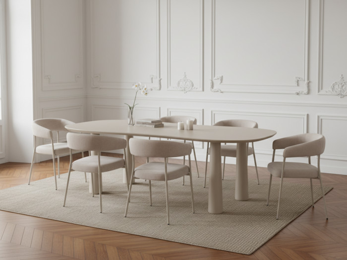 Ensemble SASHA avec table à manger ovale 220 cm + chaises ROSA tissu velours beige