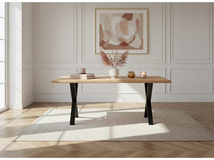 Ensemble AWANI avec table à manger extensible pieds croix chêne massif + chaises velours côtelé