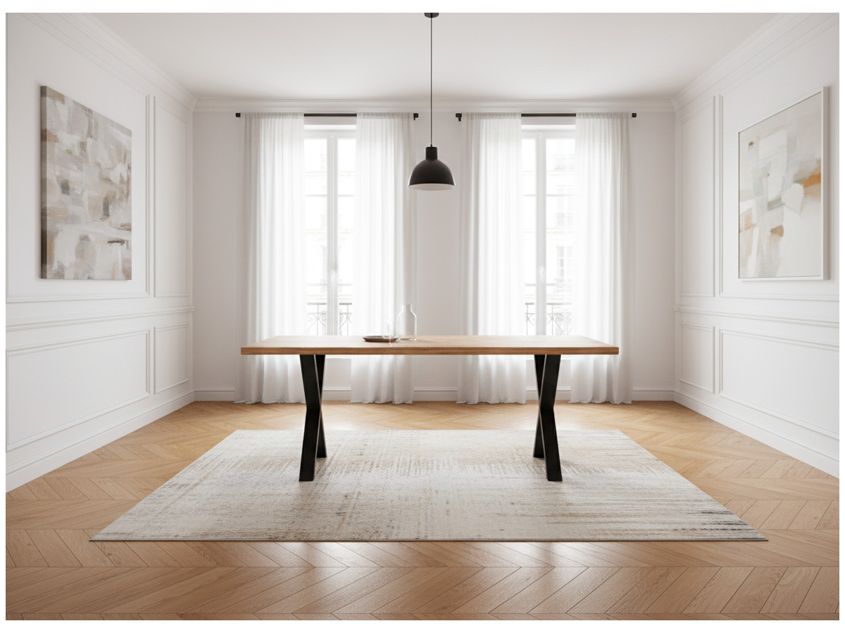 Ensemble AWANI avec table à manger extensible pieds croix chêne massif + chaises velours côtelé