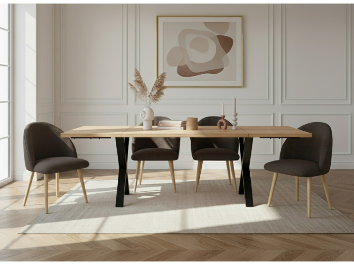 Ensemble AWANI avec table à manger extensible pieds croix chêne massif + chaises velours côtelé