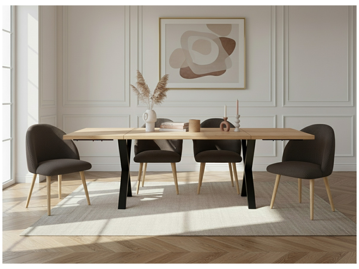 Ensemble AWANI avec table à manger extensible pieds croix chêne massif + chaises velours côtelé