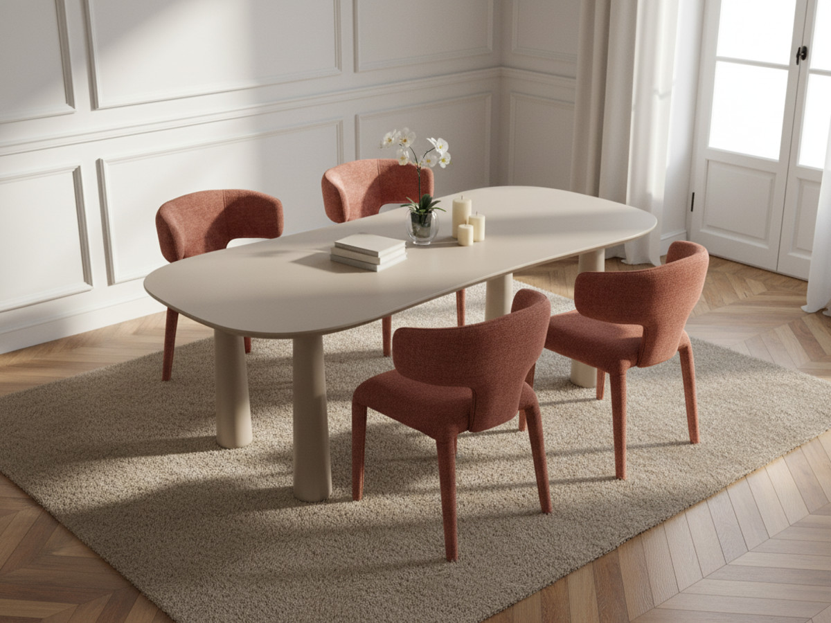 Eetkamerset SASHA met ovale beige eettafel 220 cm + stoelen MILA in structuurstof