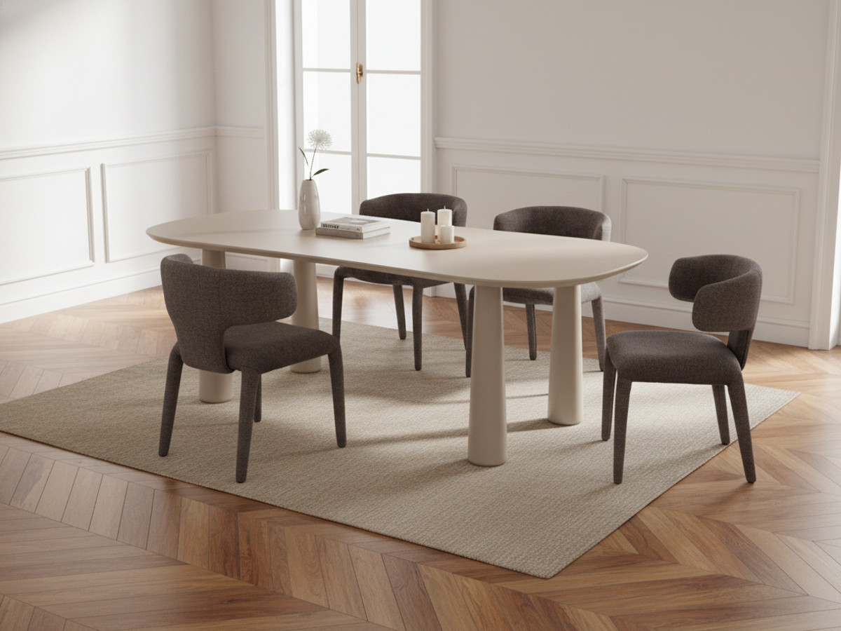 Eetkamerset SASHA met ovale beige eettafel 220 cm + stoelen MILA in structuurstof