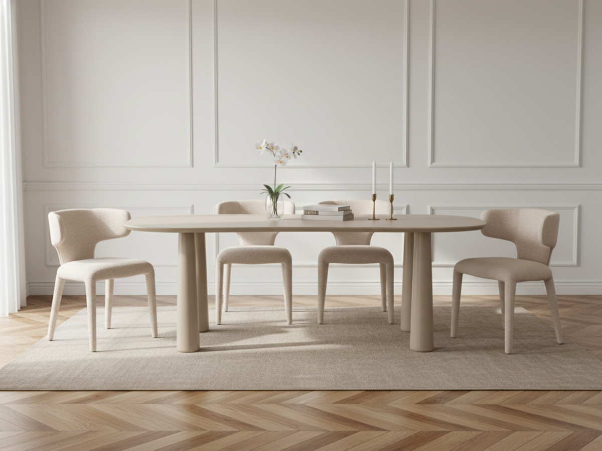 Eetkamerset SASHA met ovale beige eettafel 220 cm + stoelen MILA in structuurstof