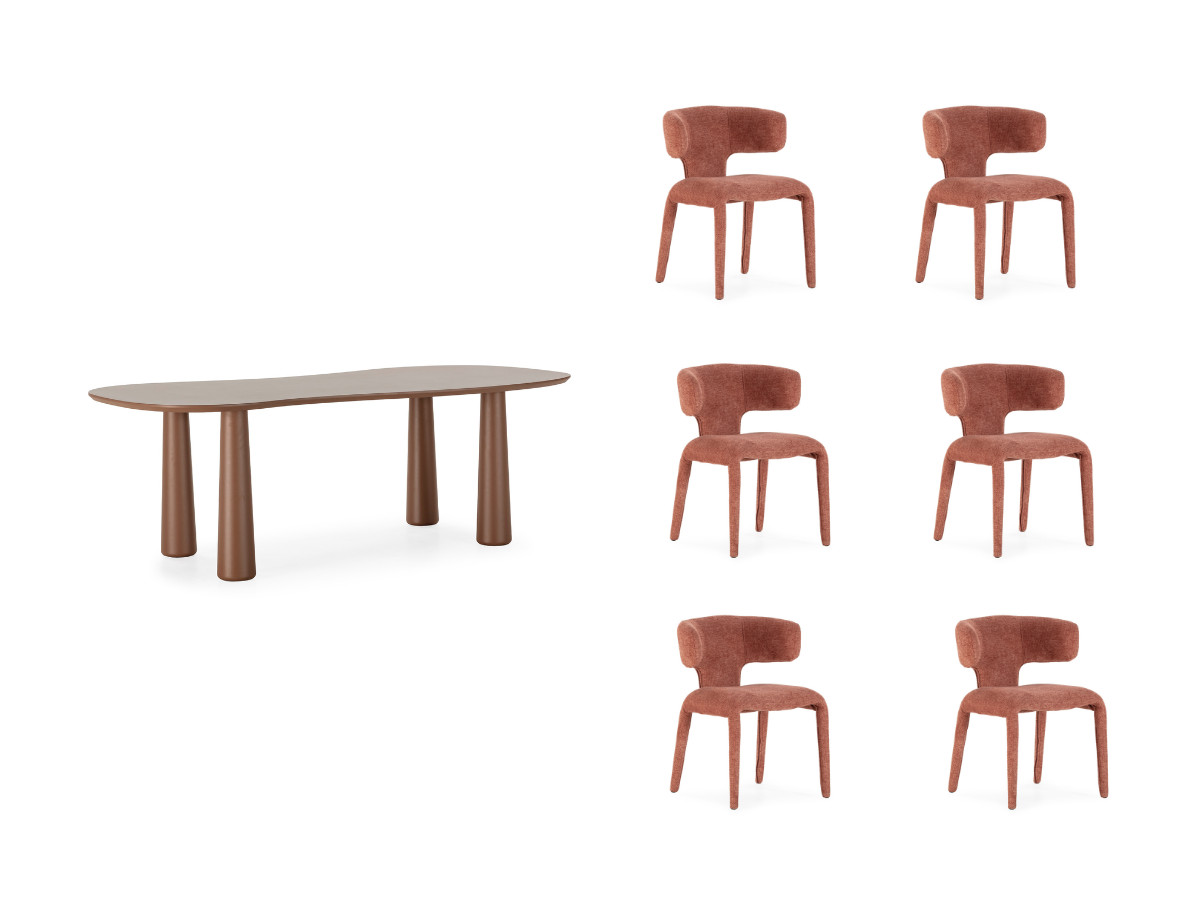 Eetkamerset SASHA met ovale bruine eettafel van 220 cm + stoelen van MILA-stof met textuur