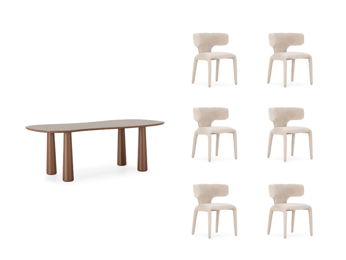 eetkamerset sasha met ovale bruine eettafel van 220 cm + stoelen van mila-stof met textuur gekleurd beige