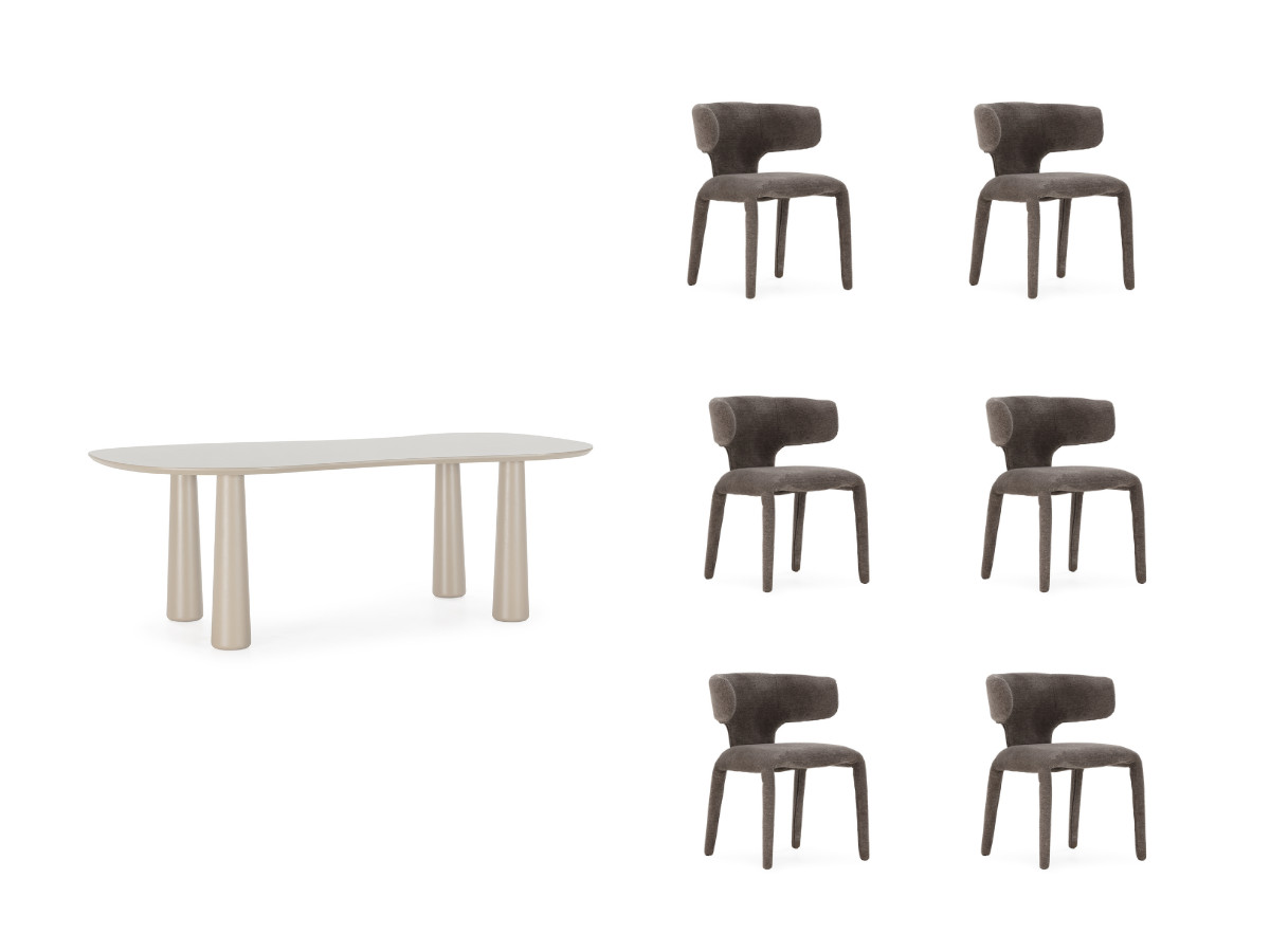 Eetkamerset SASHA met ovale beige eettafel 220 cm + stoelen MILA in structuurstof