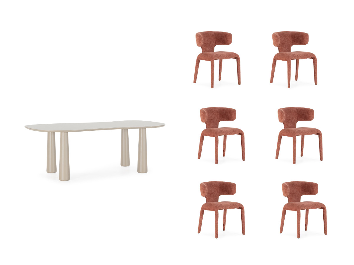 eetkamerset sasha met ovale beige eettafel 220 cm + stoelen mila in structuurstof gekleurd oranje