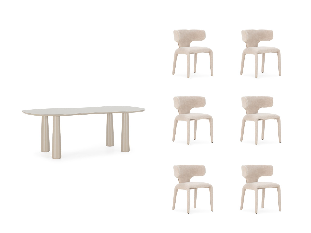 eetkamerset sasha met ovale beige eettafel 220 cm + stoelen mila in structuurstof gekleurd beige