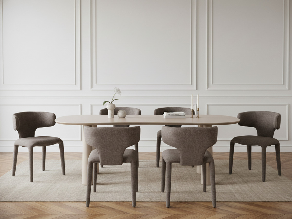 Eetkamerset SASHA met ovale beige eettafel 220 cm + stoelen MILA in structuurstof