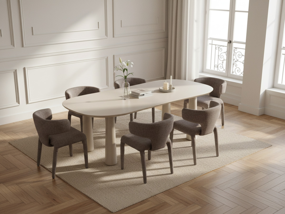 Eetkamerset SASHA met ovale beige eettafel 220 cm + stoelen MILA in structuurstof
