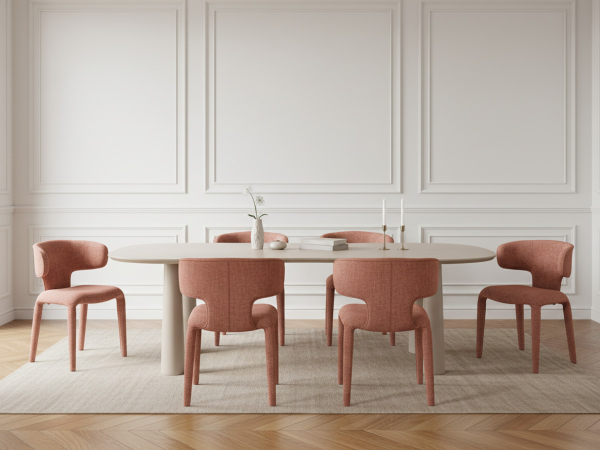 Eetkamerset SASHA met ovale beige eettafel 220 cm + stoelen MILA in structuurstof