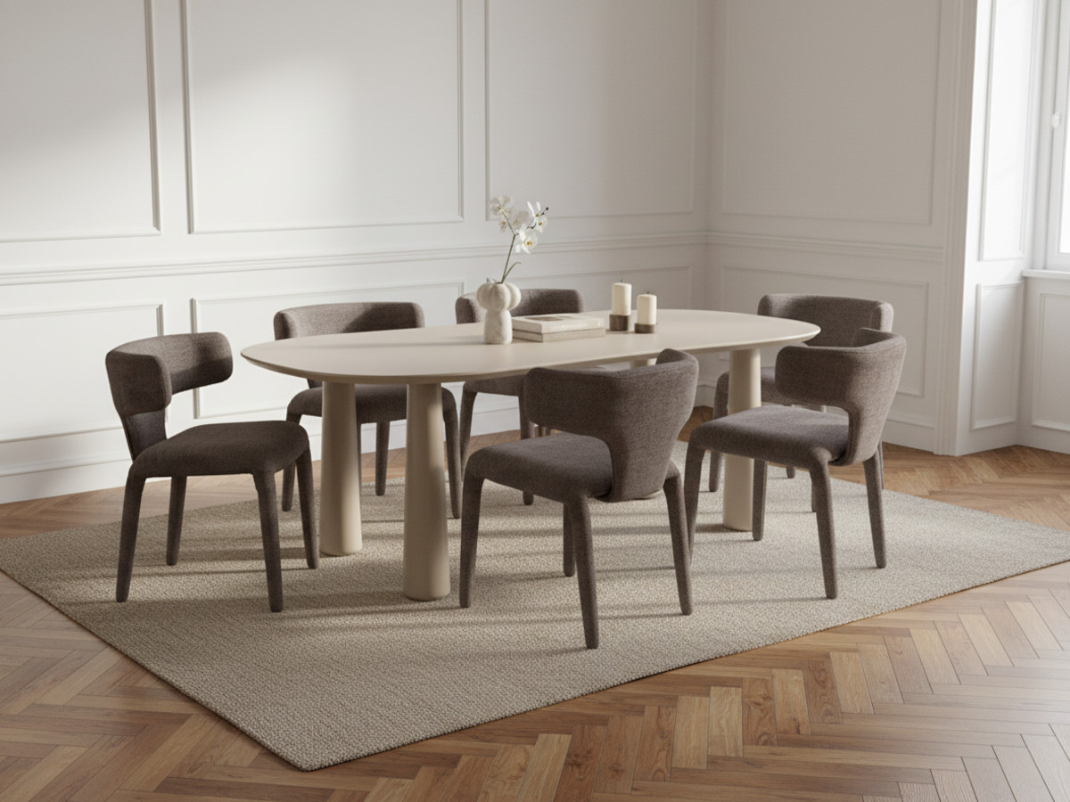 Eetkamerset SASHA met ovale beige eettafel 220 cm + stoelen MILA in structuurstof