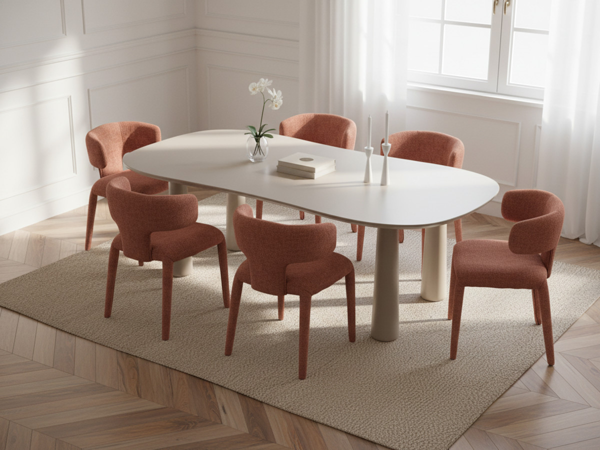 Eetkamerset SASHA met ovale beige eettafel 220 cm + stoelen MILA in structuurstof