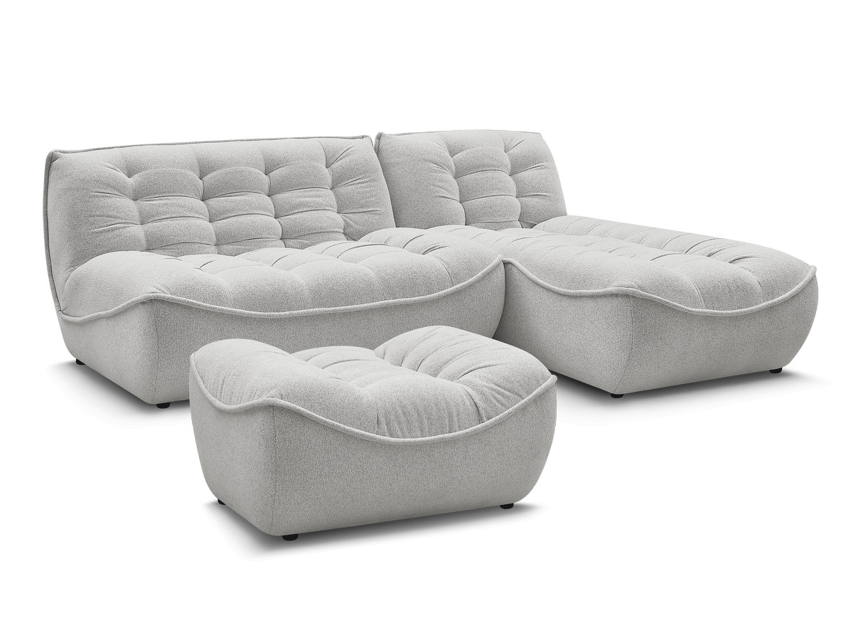 canapé d'angle fixe modulable serena tissu chiné avec pouf de couleur gris clair