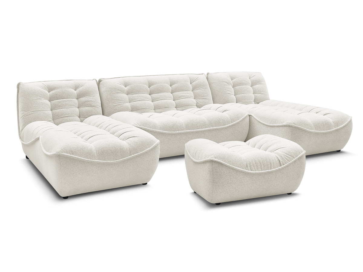 canapé panoramique fixe modulable serena tissu chiné avec pouf de couleur blanc