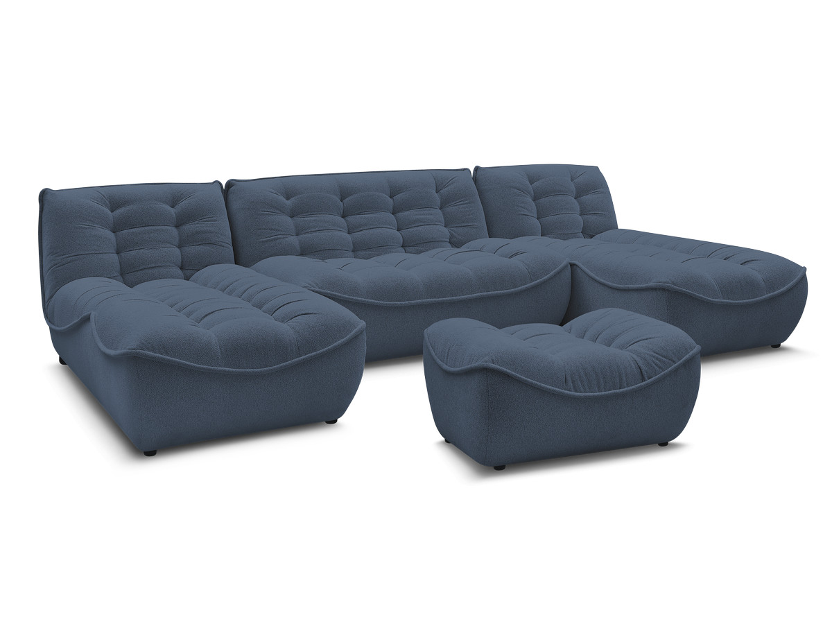 canapé panoramique fixe modulable serena tissu chiné avec pouf de couleur bleu
