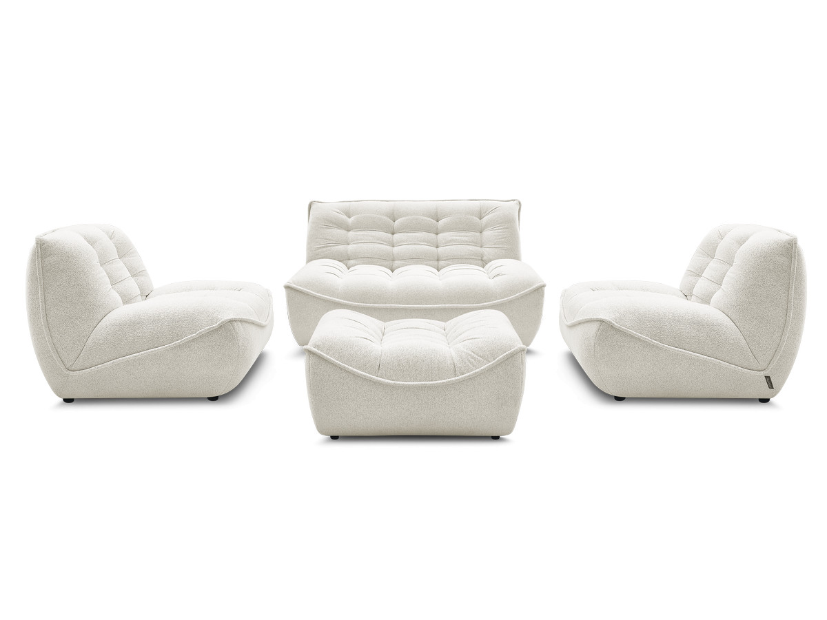 canapé droit fixe modulable serena avec 2 chauffeuses 1 place et 1 chauffeuse 2 places tissu chiné avec pouf de couleur blanc