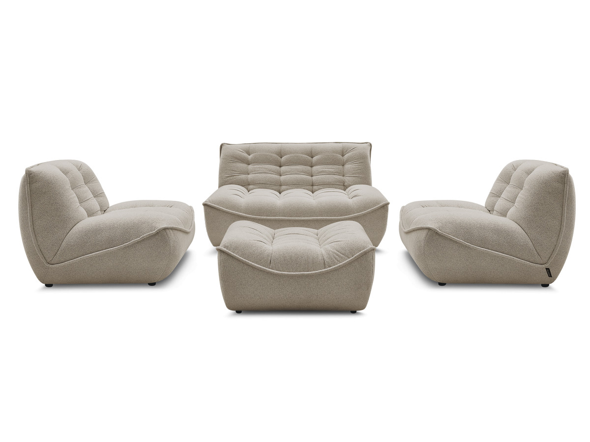 canapé droit fixe modulable serena avec 2 chauffeuses 1 place et 1 chauffeuse 2 places tissu chiné avec pouf de couleur taupe