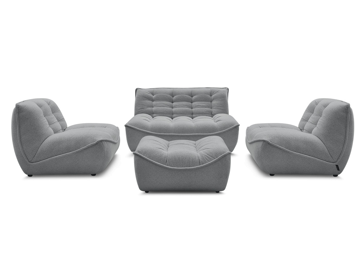 canapé droit fixe modulable serena avec 2 chauffeuses 1 place et 1 chauffeuse 2 places tissu chiné avec pouf de couleur gris foncé