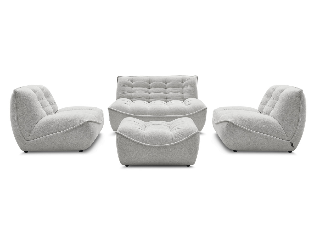 canapé droit fixe modulable serena avec 2 chauffeuses 1 place et 1 chauffeuse 2 places tissu chiné avec pouf de couleur gris clair