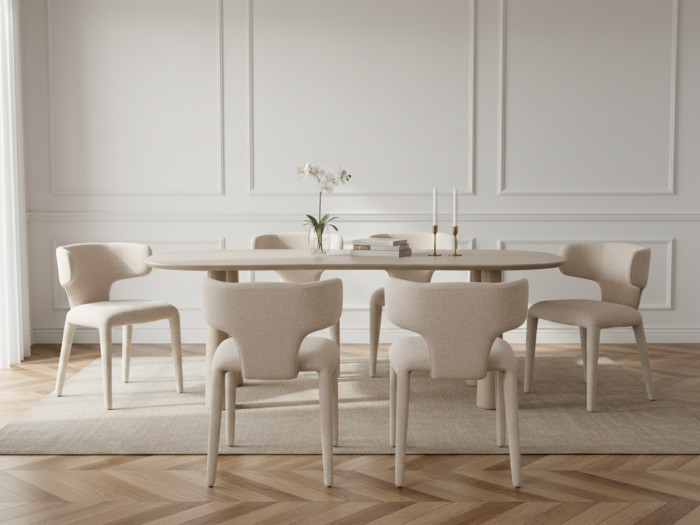 Ensemble SASHA avec table à manger ovale beige 220 cm + chaises MILA tissu texturé