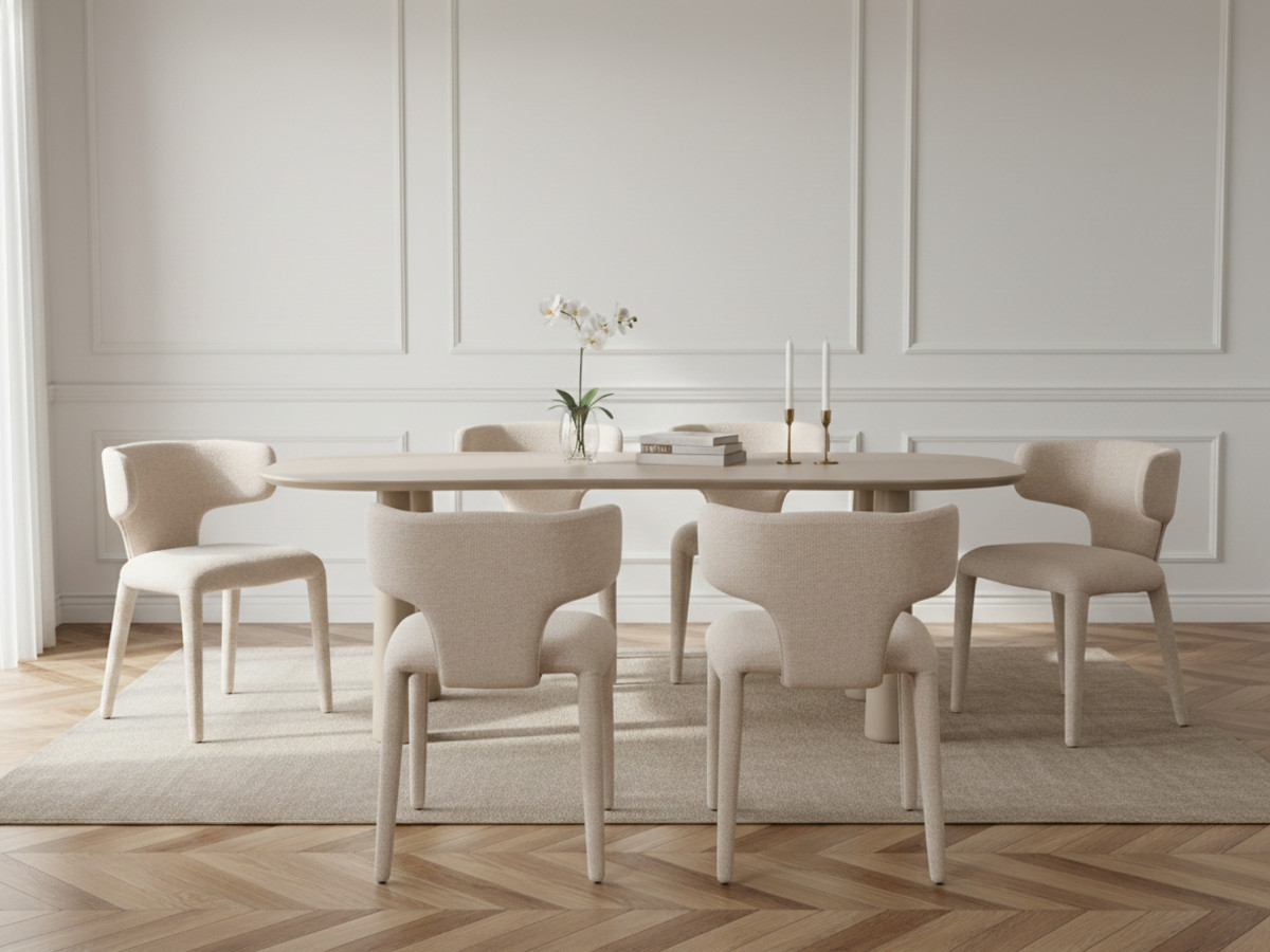 Eetkamerset SASHA met ovale beige eettafel 220 cm + stoelen MILA in structuurstof