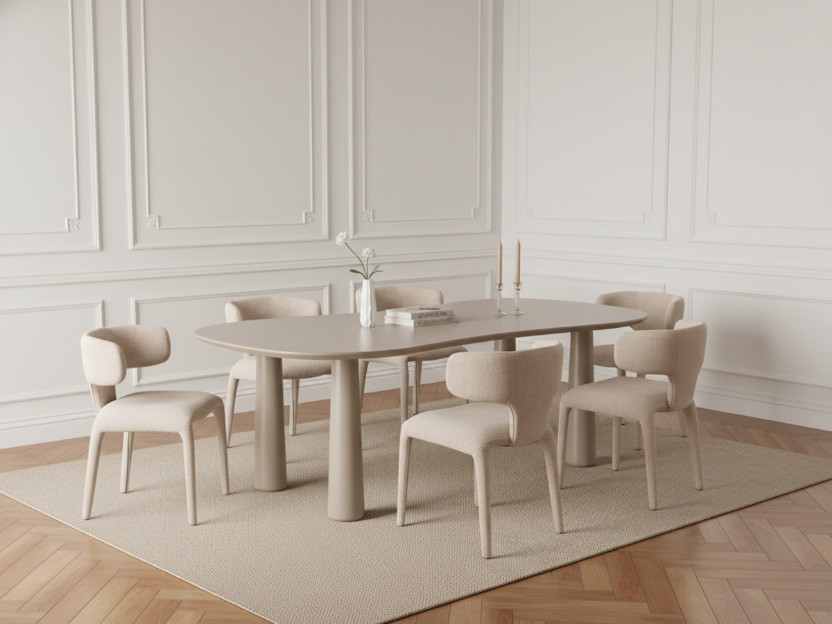 Eetkamerset SASHA met ovale beige eettafel 220 cm + stoelen MILA in structuurstof