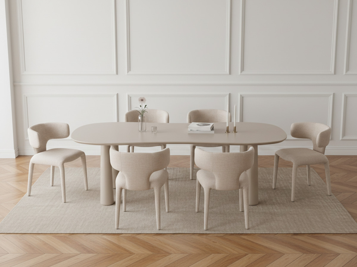 Eetkamerset SASHA met ovale beige eettafel 220 cm + stoelen MILA in structuurstof