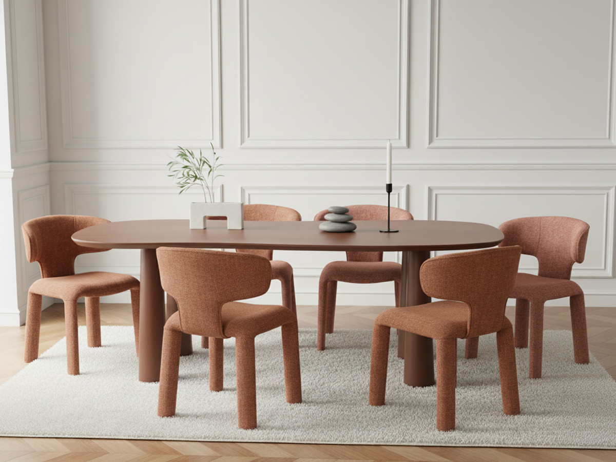 Eetkamerset SASHA met ovale bruine eettafel van 220 cm + stoelen van MILA-stof met textuur