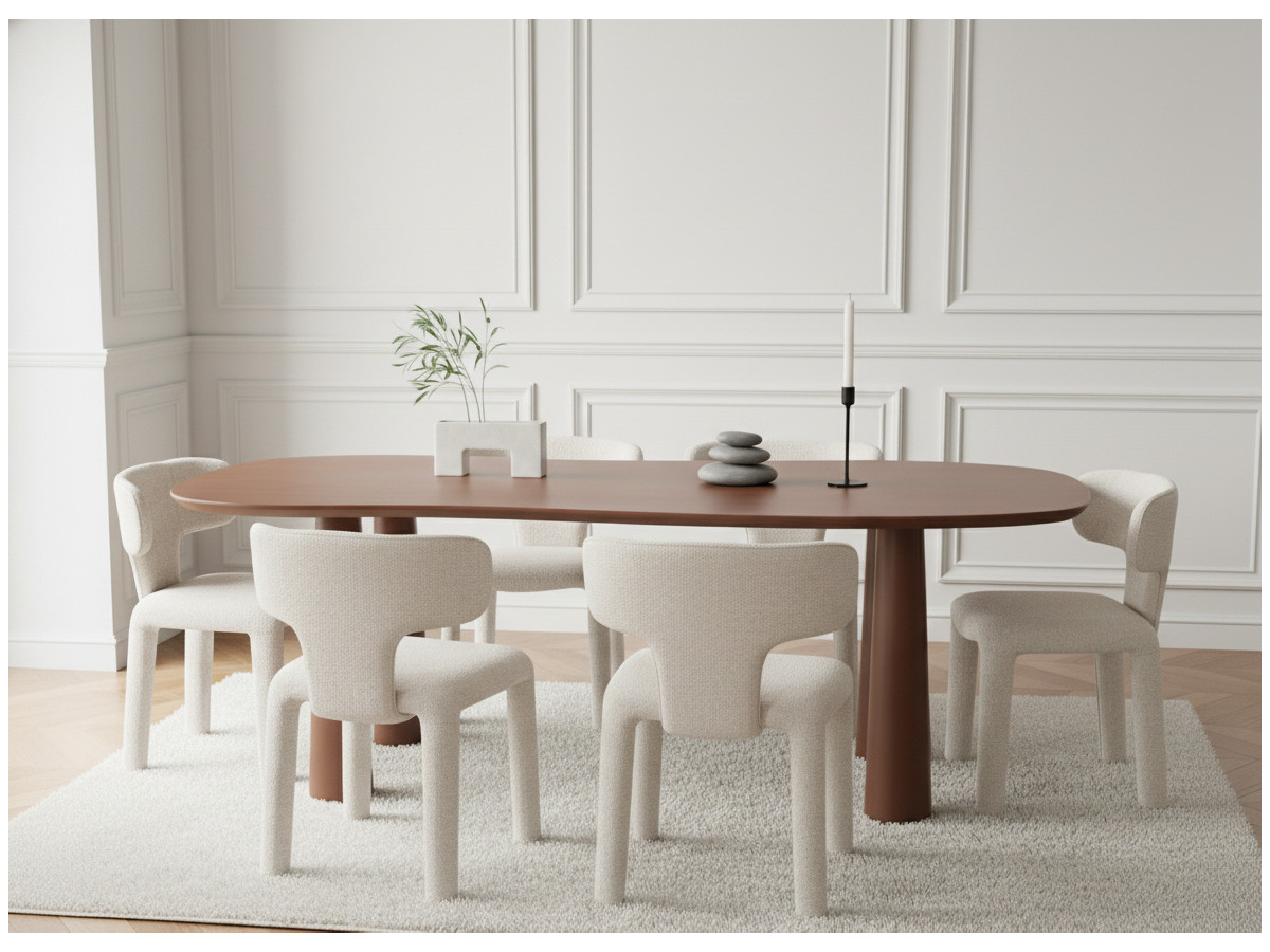 Eetkamerset SASHA met ovale bruine eettafel van 220 cm + stoelen van MILA-stof met textuur